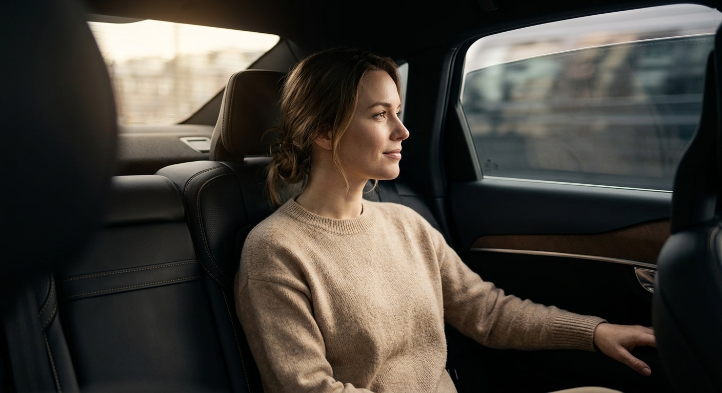 Elegantly dressed passenger seated in the back of a chauffeured car