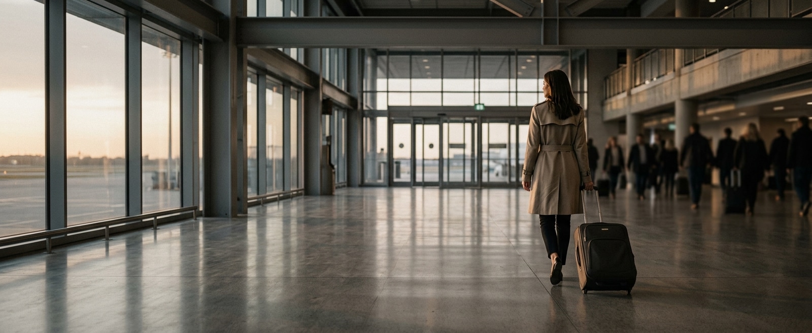 Traveller with a suitcase in the arrivals hall, met by her driver
