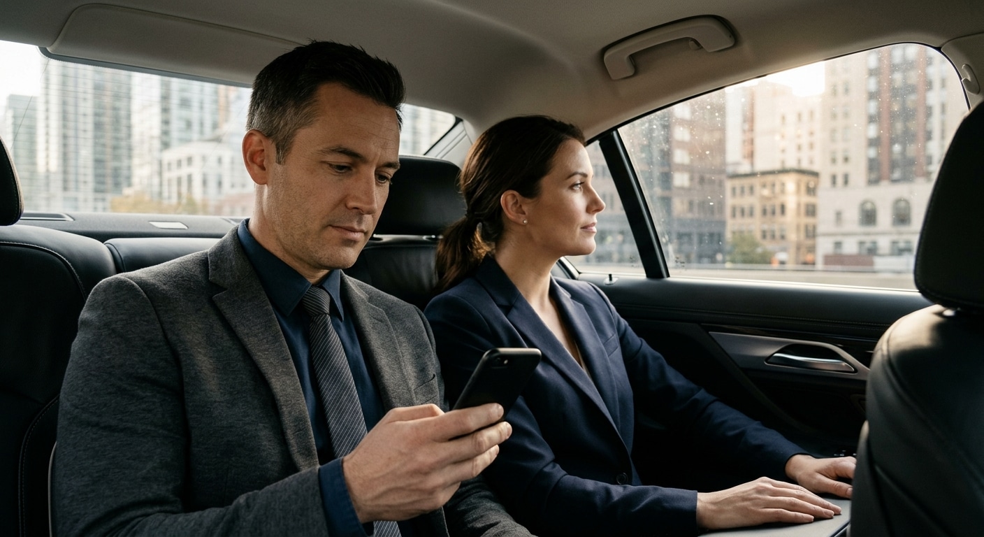 Two business passengers working on a phone in the back of a car