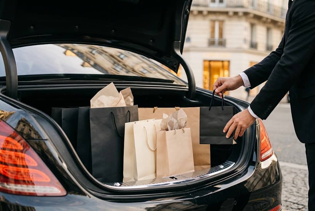 Sacs d'achats chargés dans le coffre d'une voiture avec chauffeur à Paris